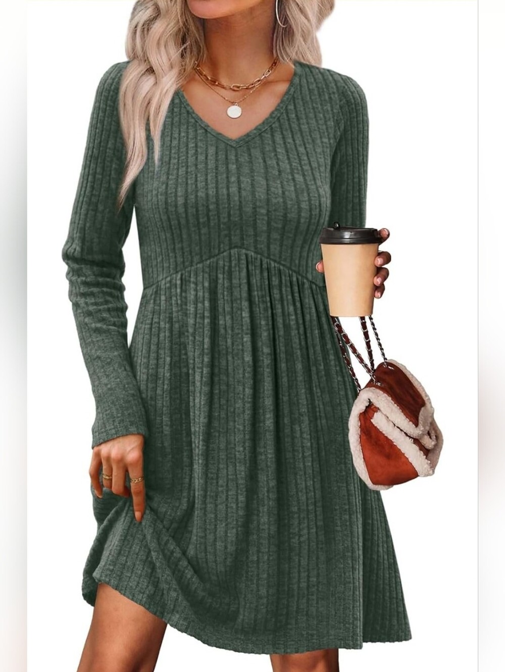 NWT OFEEFAN Green V-neck Ribbed  Long Sleeves Sweater Dress Size Medium